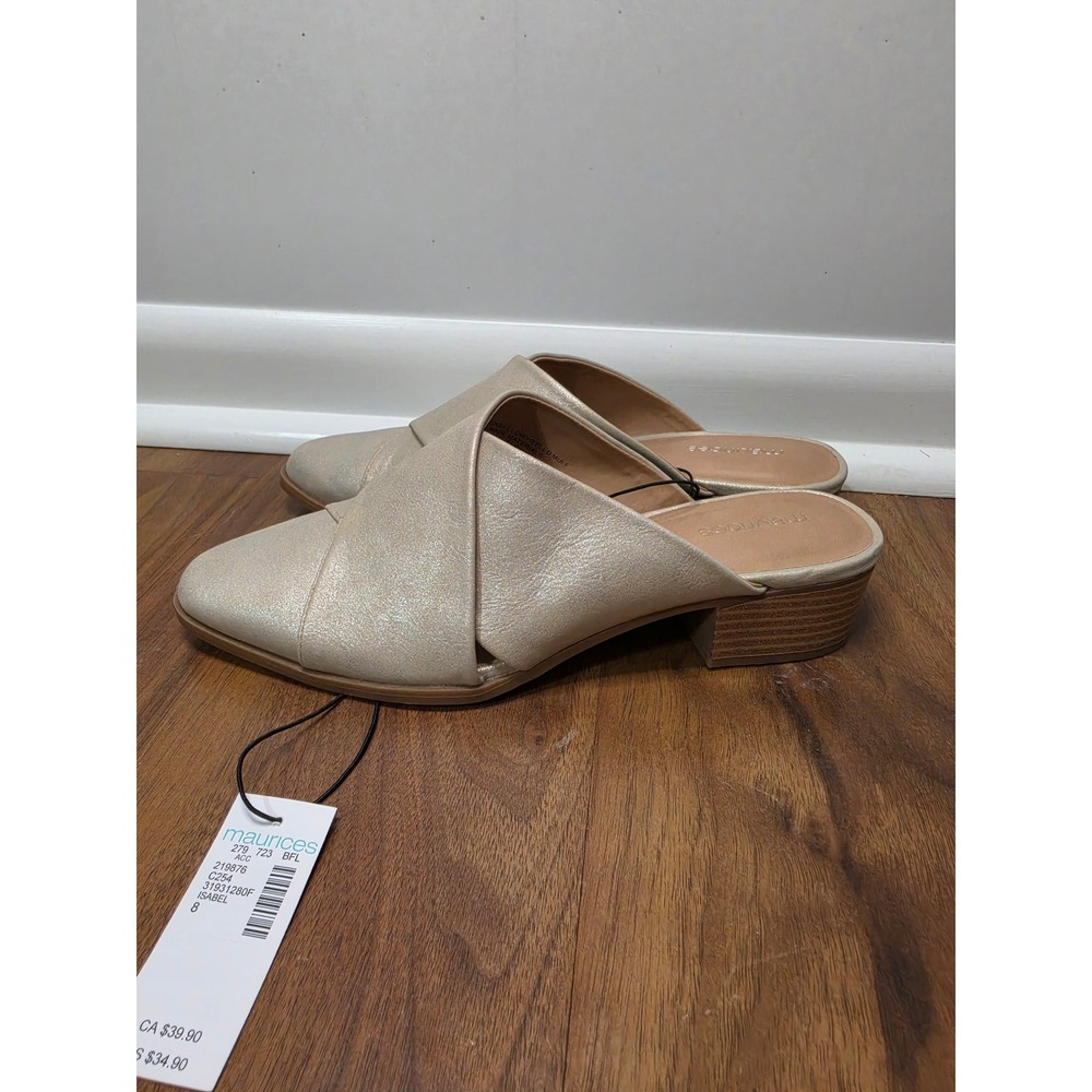 NEW Maurices Isabel Mules Size 8 Champagne Gold Crossover Pointed Toe Block Heel